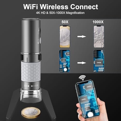 4K HD Wi-Fi Wireless Digital Microscope Camera Magnifier, Compatible for Black