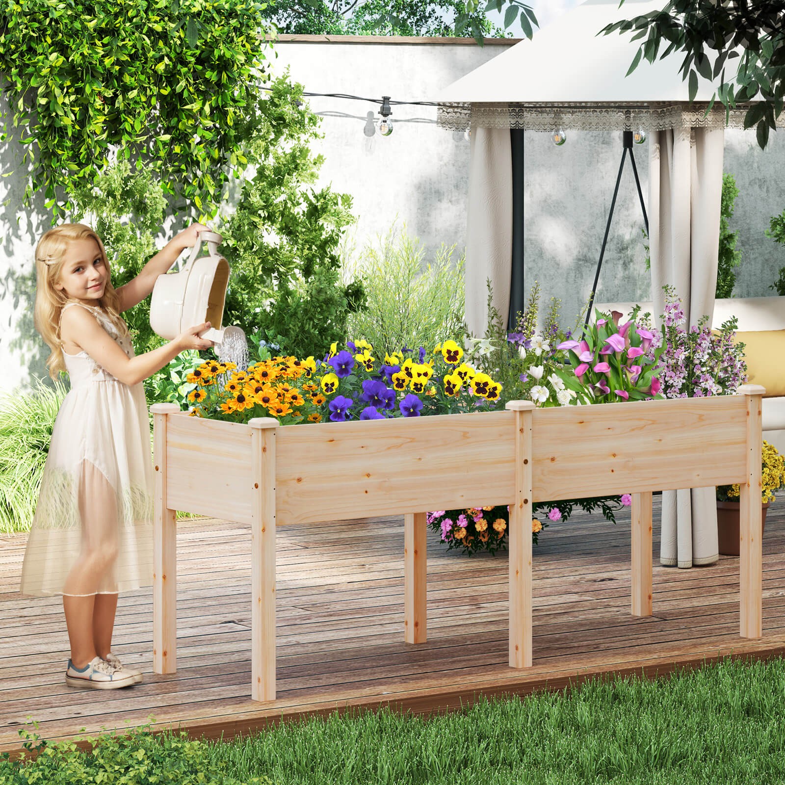 Raised Garden Bed Elevated Fir Wood Planter Box w/ 2 Large Planting Areas