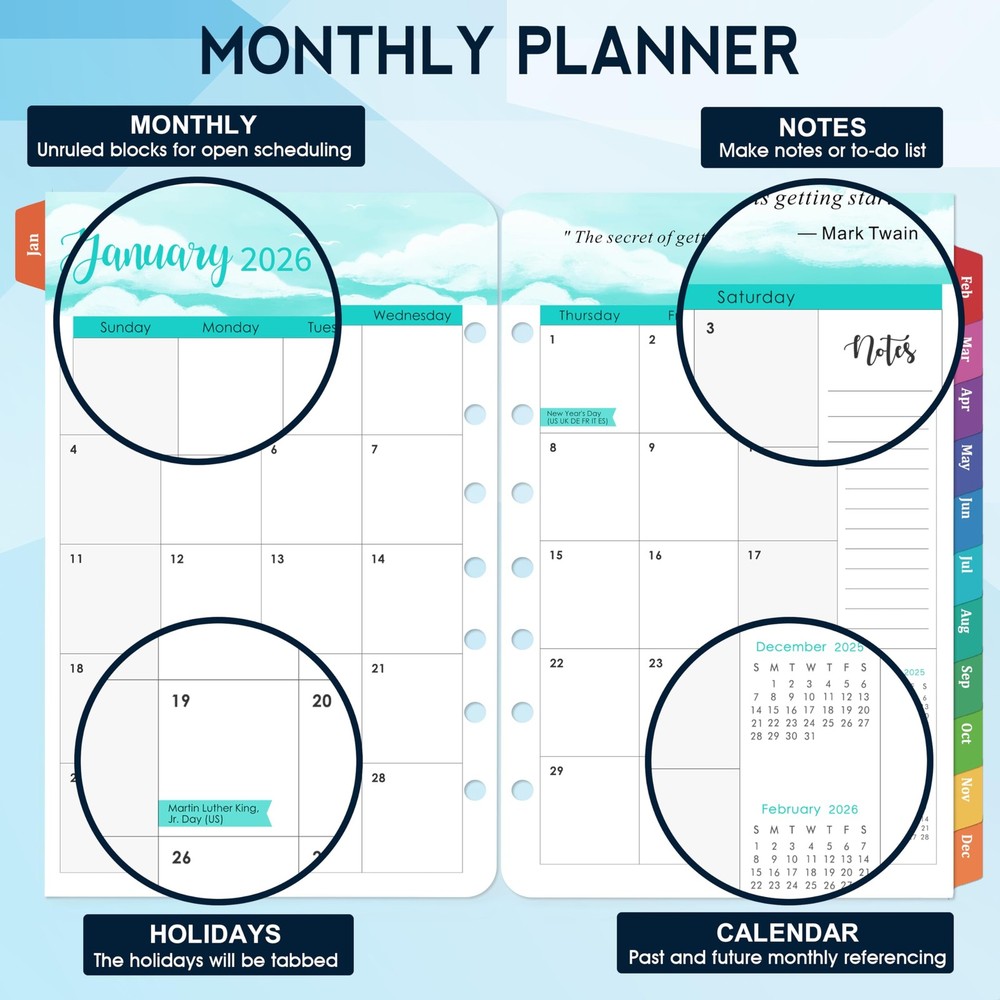 2026 Planner Refills - A5 Planner Inserts with 7-Hole Punched, JAN 2026 - DEC...