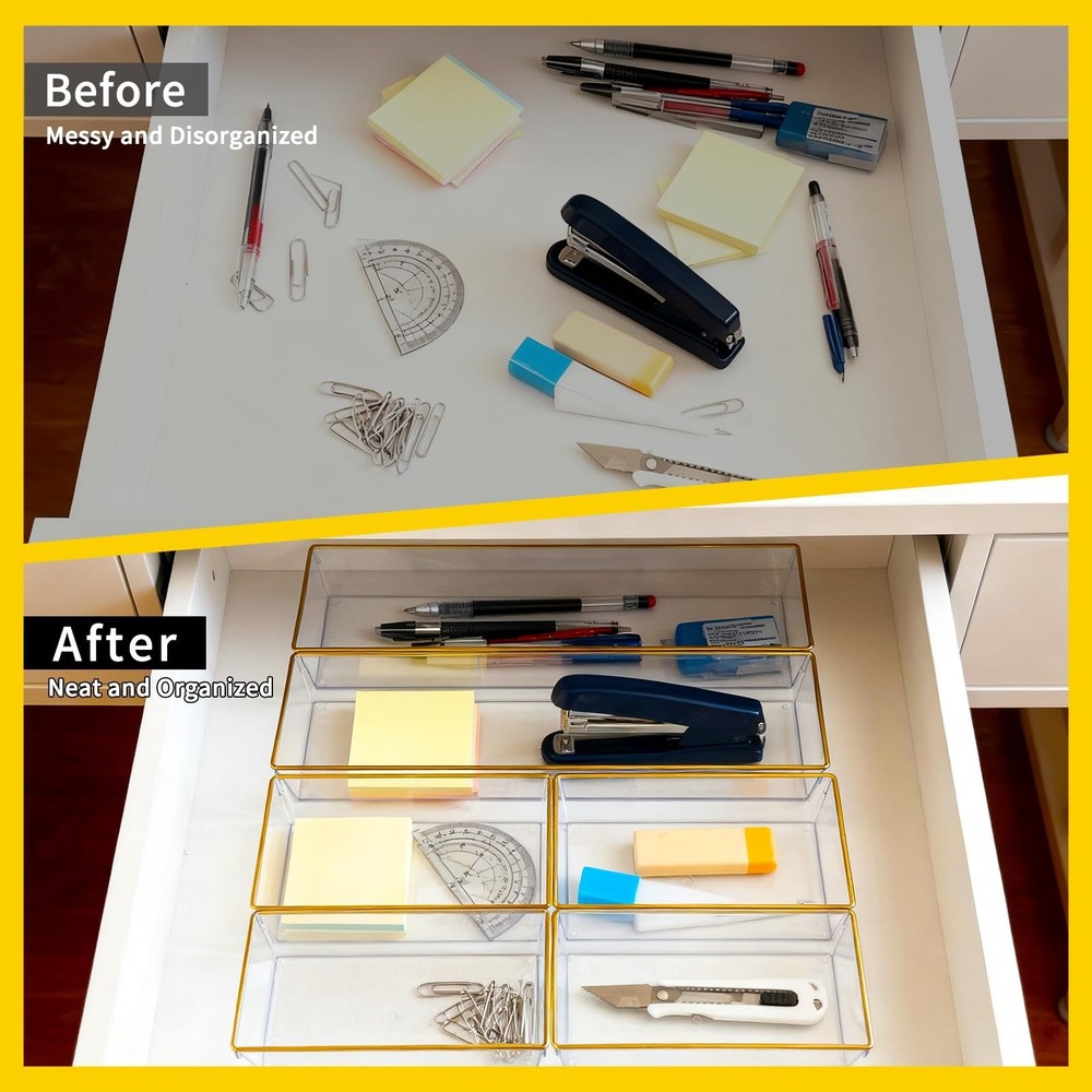 12 Pack Large Size Clear Stackable Drawer Organizer Trays, Gold Rim Makeup Dr...