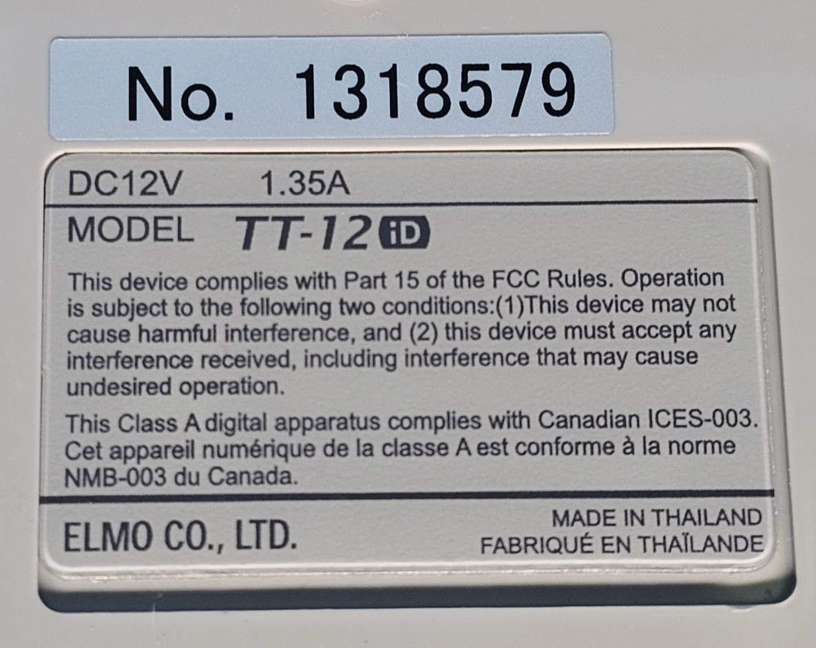 Elmo, TT-12 iD 1080P HDMI Overhead Interactive Document Camera, Tested Working.