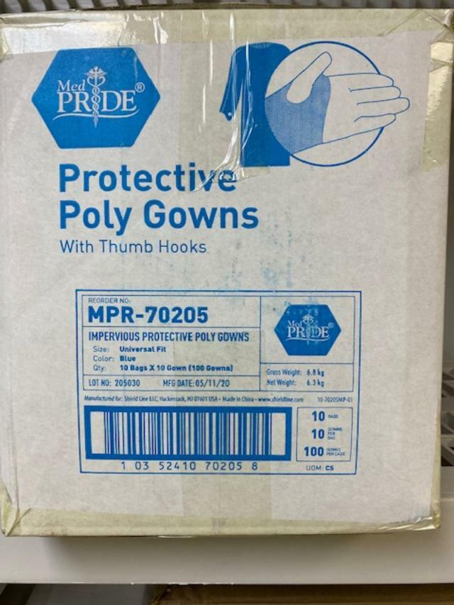MedPride Impervious Isolation Protective Poly-Gowns W/Thumb Hooks,Blue,100/Box