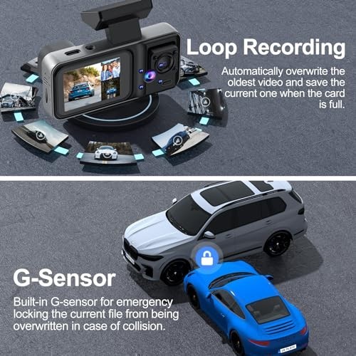 4K Dash Cam Front & Rear, 64GB Card, Motion Detection, Night Vision, Loop Record