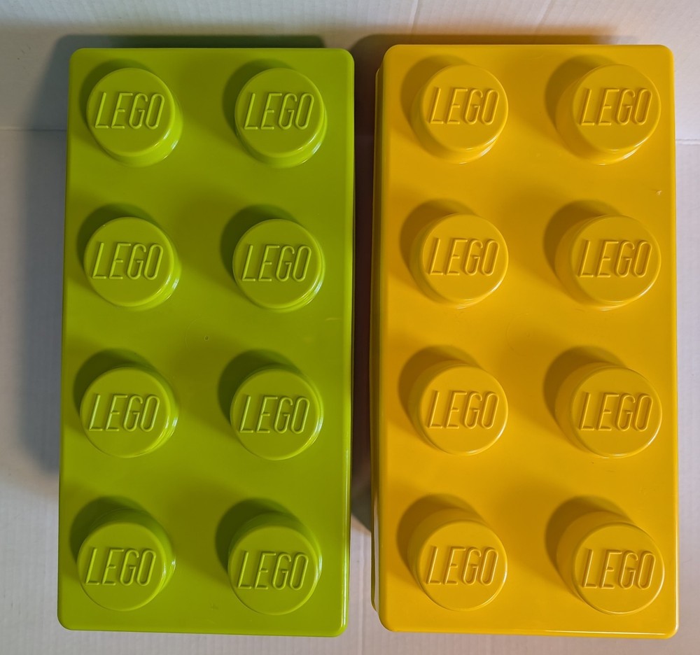 2 Lego Brick Storage Case Bin 8 Stud Stackable Yellow Green 14" x 7" x 7" Empty