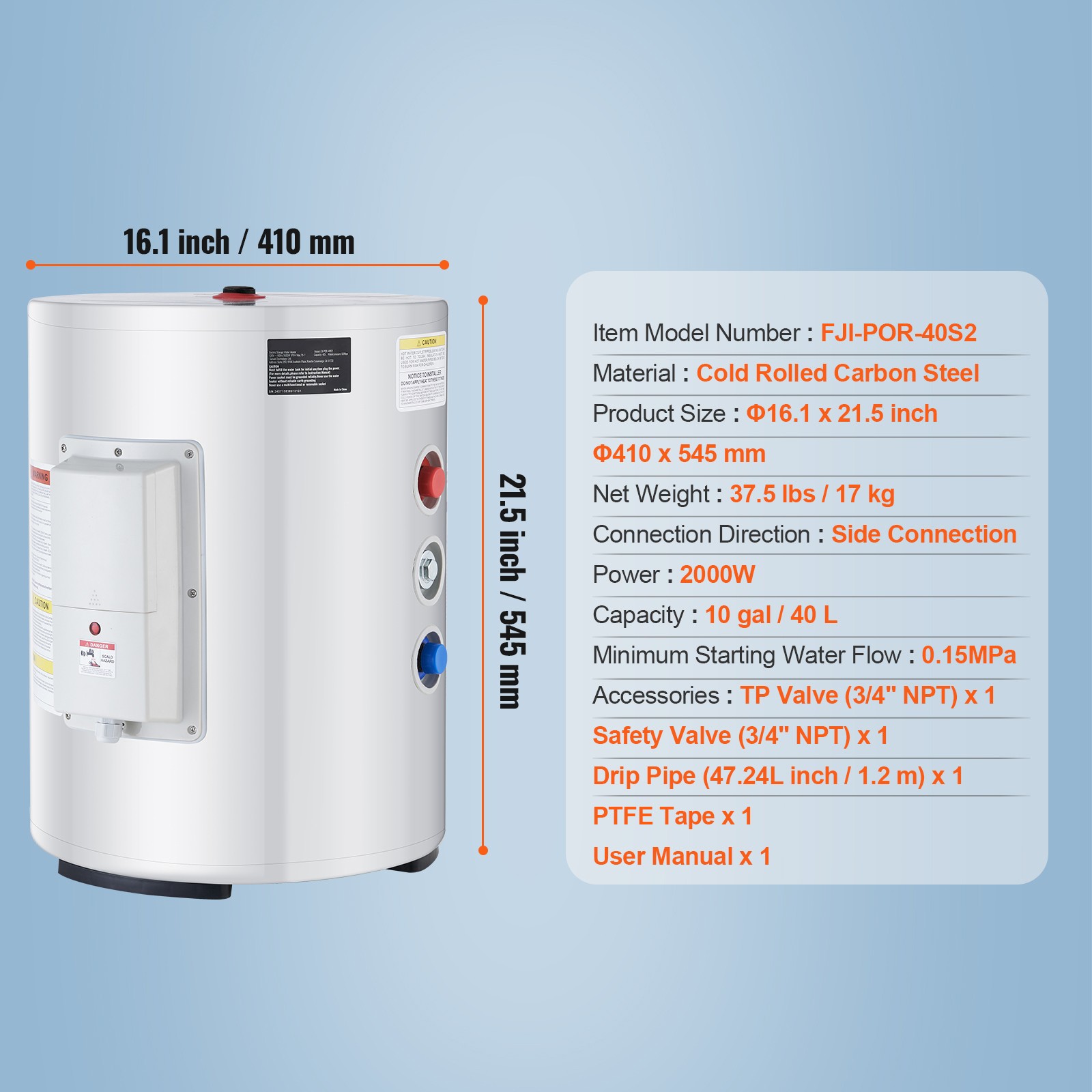 Uimoso 10 Gallon Point of Use Hot Water Heater 1.6Kw Electric Instant Compact