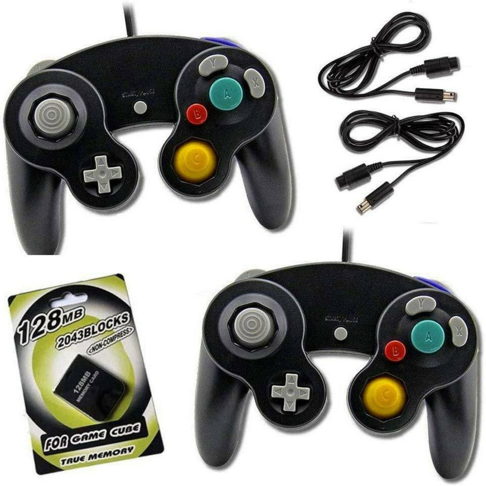 2 Black GameCube Controller with 2 cord Extension and 128mb Memory Card