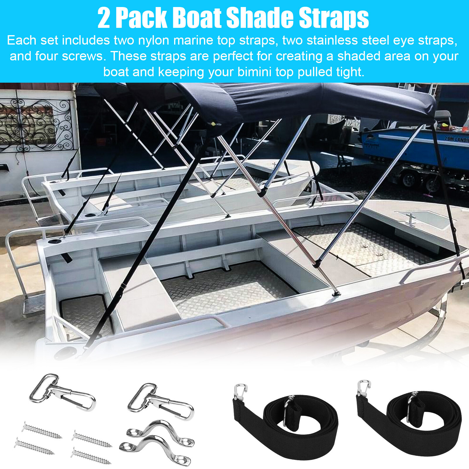 2x Adjustable Bimini Boat Top Straps Loops & Snap Hook Stainless Steel 24 To 43"