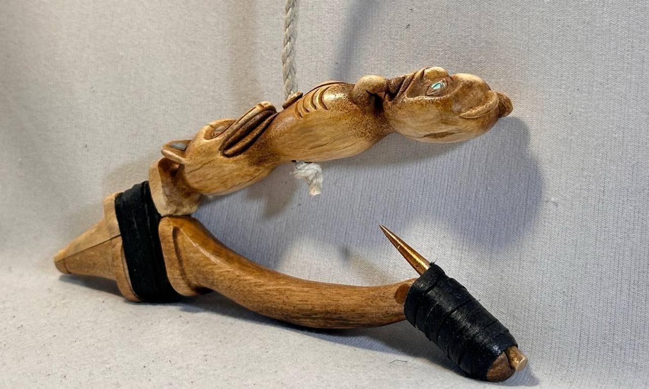 Wolf and Beaver Totem Halibut Hook, Shell Inlay, Northwest Coast Design