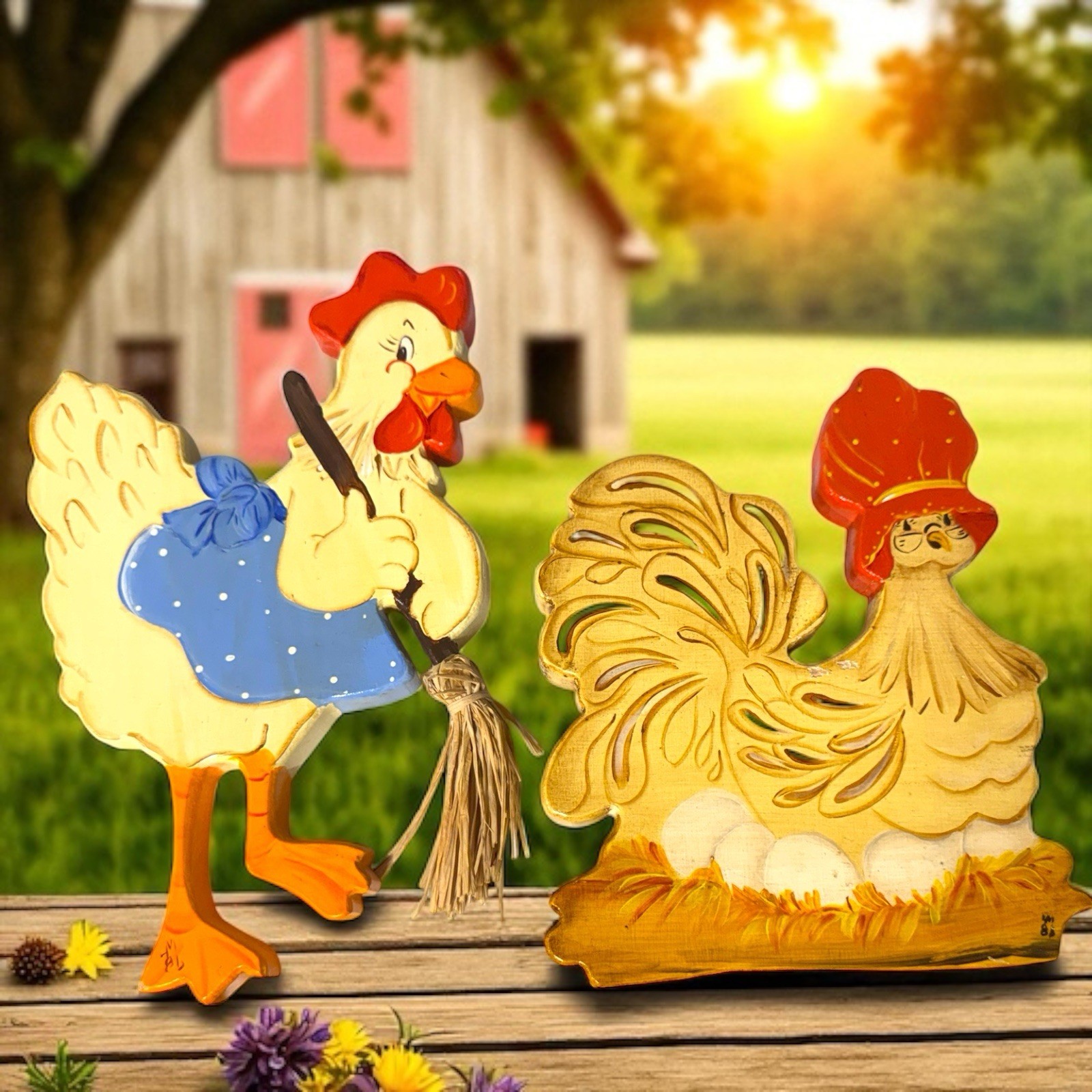 Vintage 80s Wooden Hen Wall Art Anamorphic Animals Pair Glazed Hand Painted