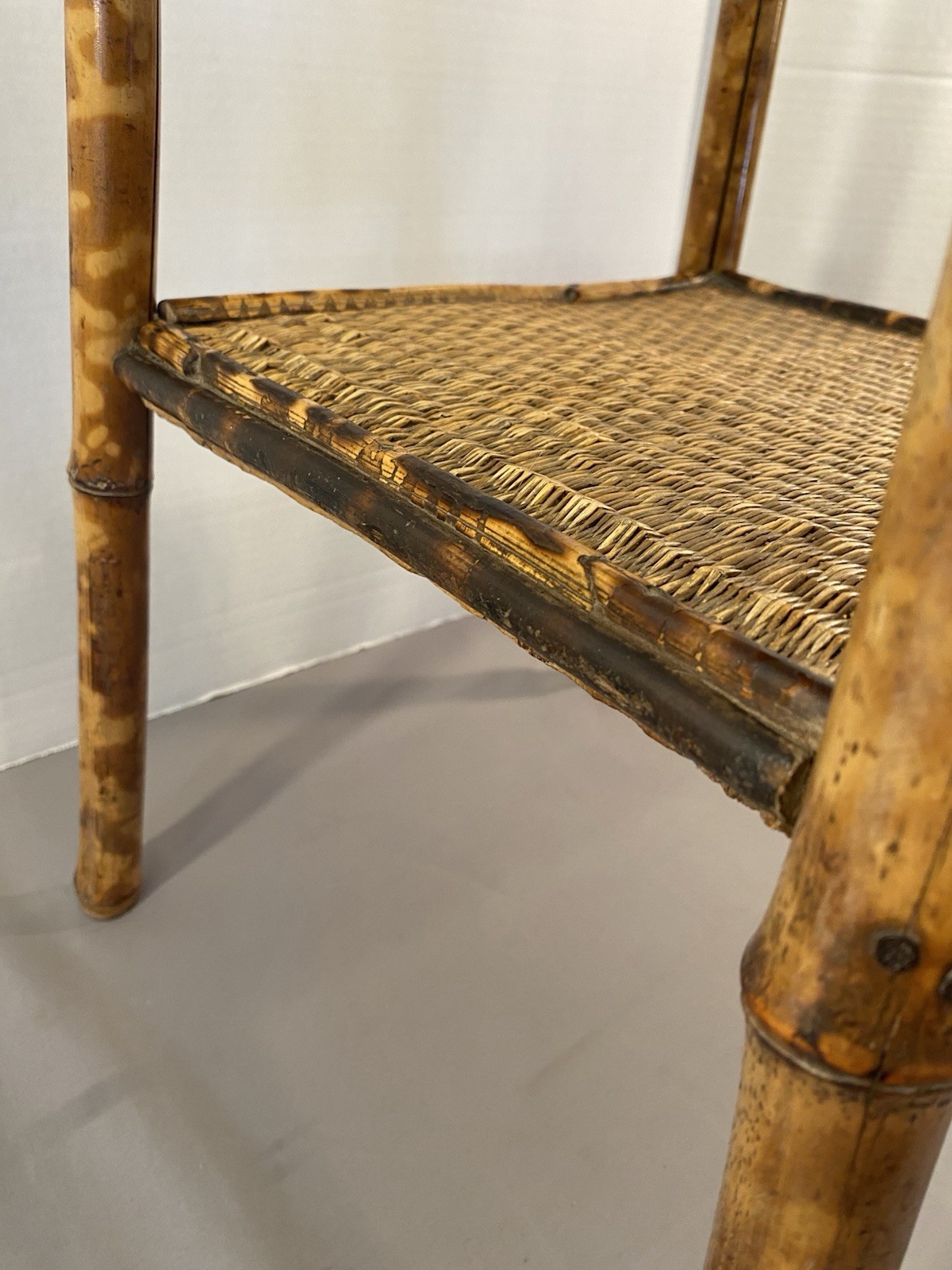 Antique 2 Tier Tiger Bamboo Side Table Victorian Aesthetic Painted Top **READ**