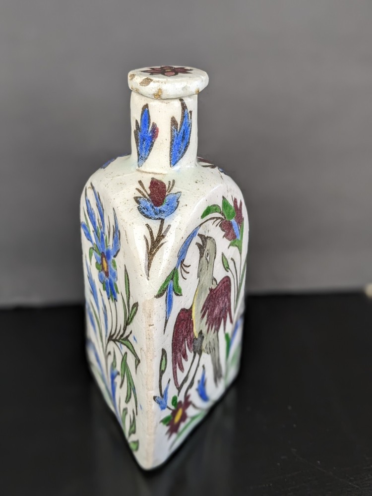 Antique Persian Qujar Pottery Bottle Tea Flask Floral Bird Pattern Triangular