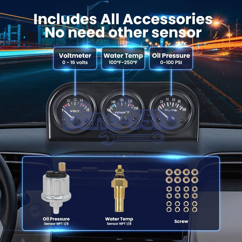 2" 52mm 3-in-1 Auto Car Triple Gauge Set Kit Water Temp Oil Pressure Volt Meter