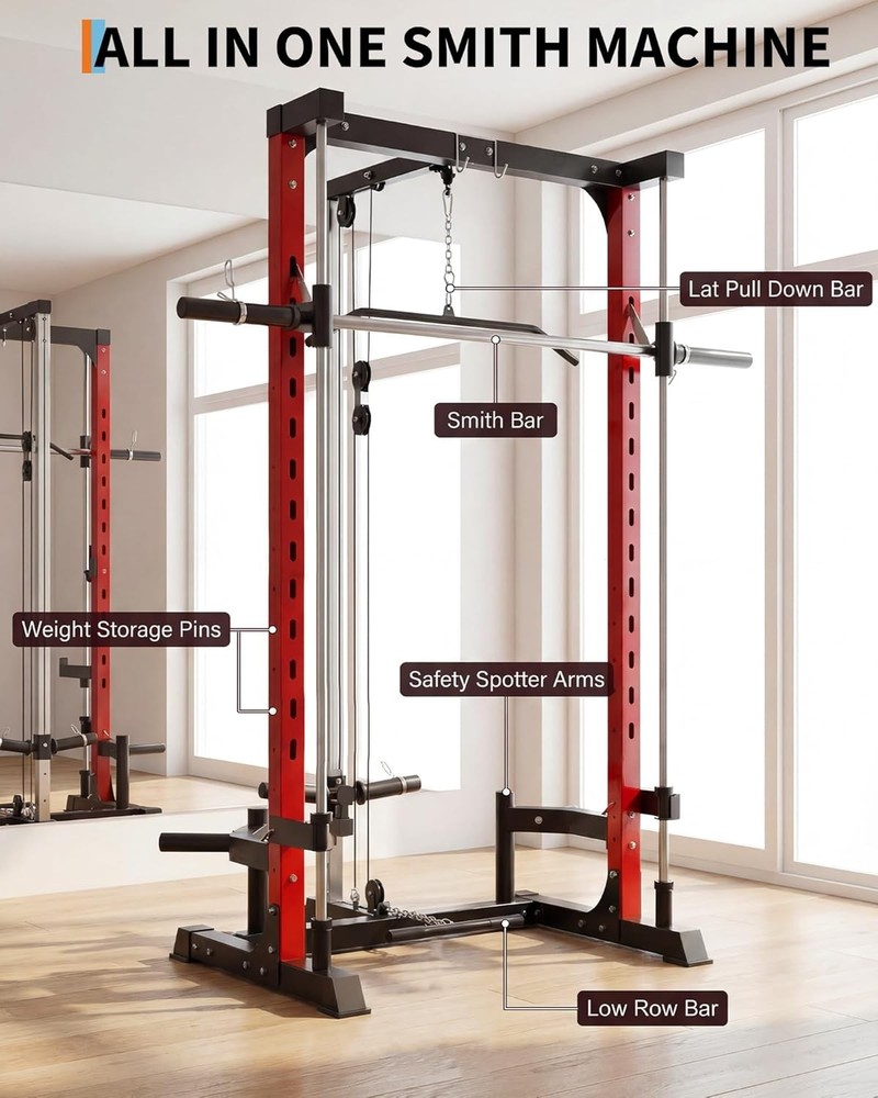 Smith Machine 1000LBS Multi-Functional Home Squat Rack W LAT-Pull Down System