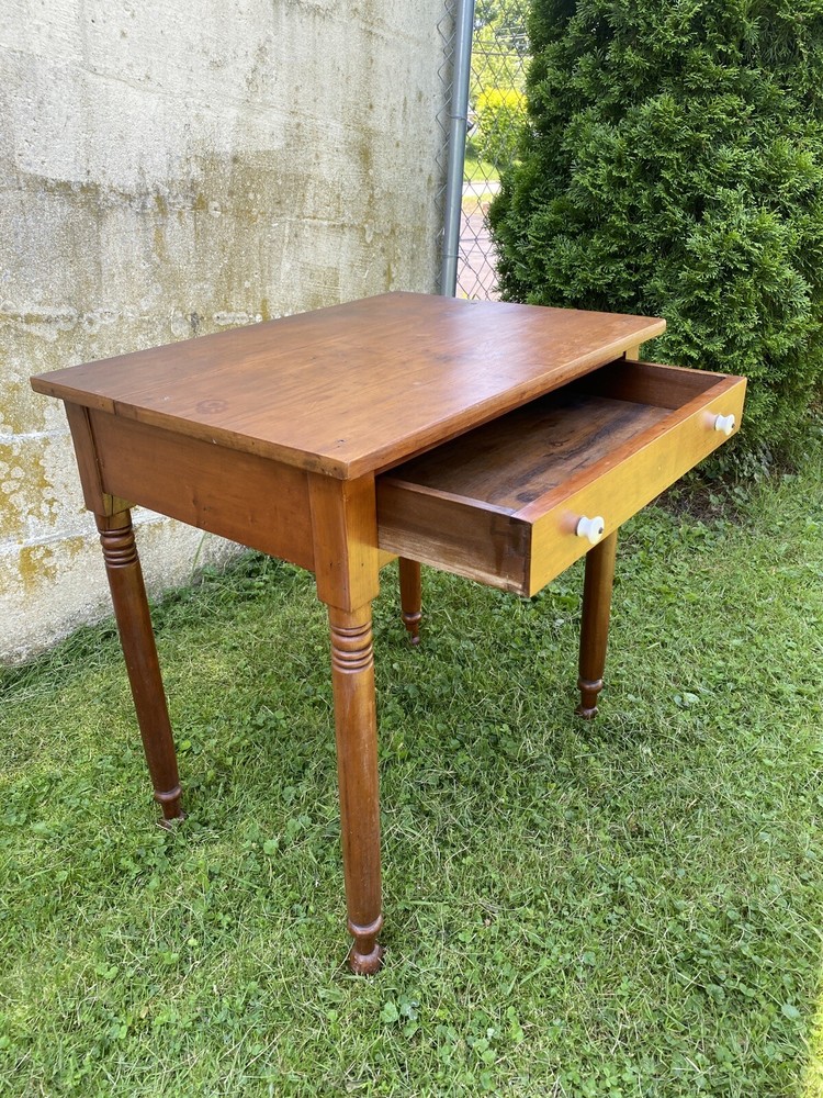 Antique Solid Maple Farmhouse Table with Drawer, Turned Legs, Rustic Desk