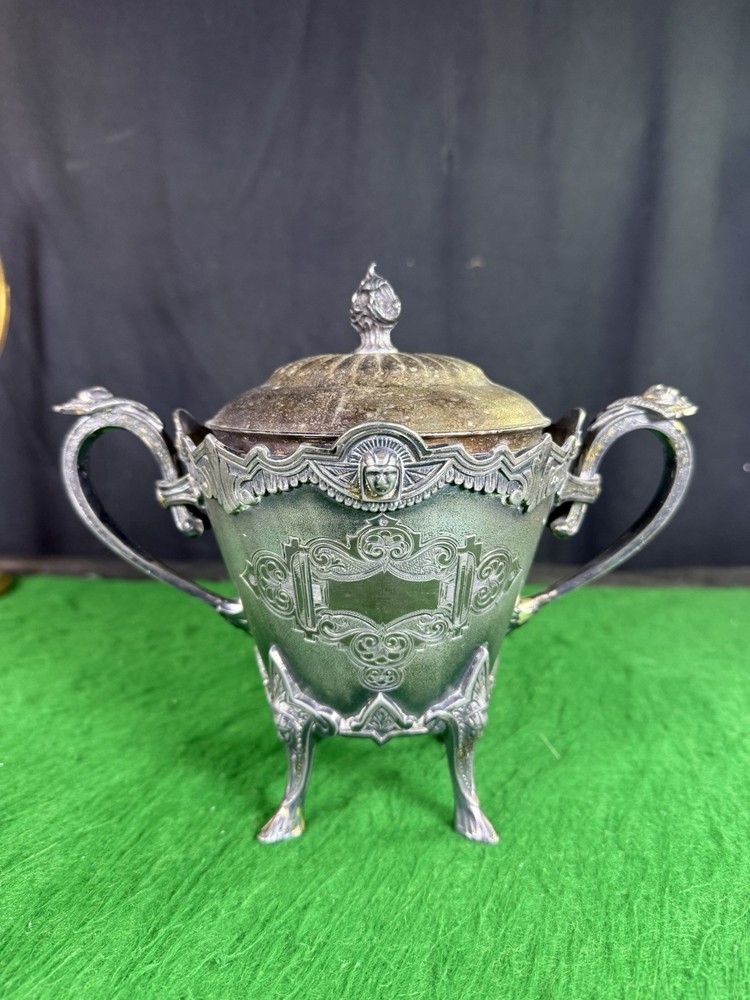 Antique Meriden Britannia 1880 Silverplate Sugar Bowl Egyptian Style