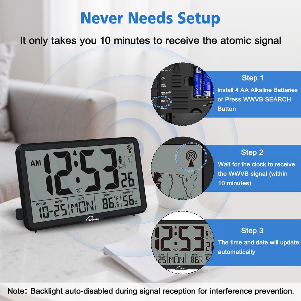 WallarGe Atomic Wall Clock with Backlight, Digital Large, Black