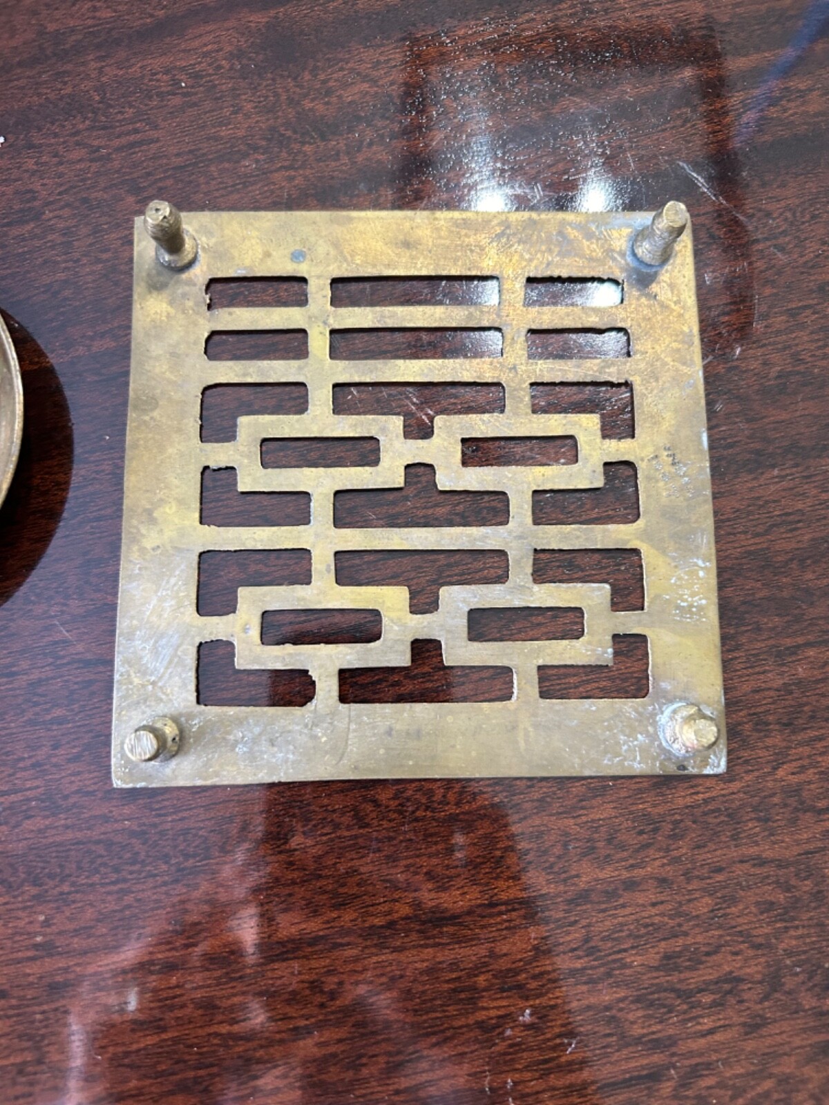 Vintage Solid Brass Trivet Stamped India AND Solid Brass Candlestick