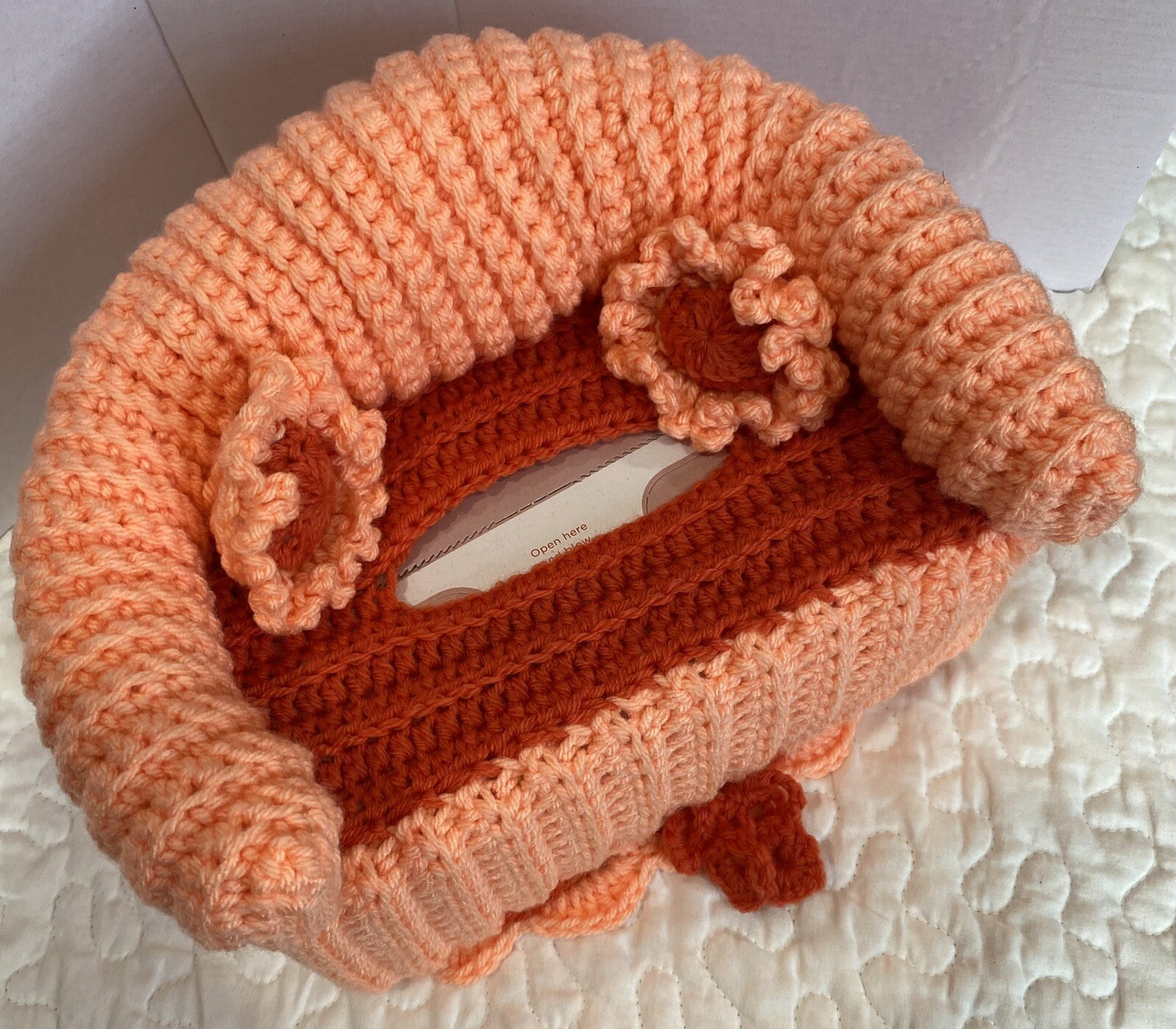 Sofa Style Tissue Box Cover Handmade Crochet - Peach, Autumn Orange Accents