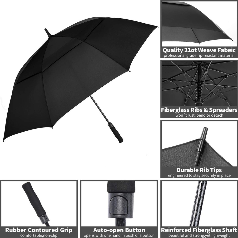 62 Inch Extra Large Automatic Open Golf Umbrella Oversize Double Canopy Black