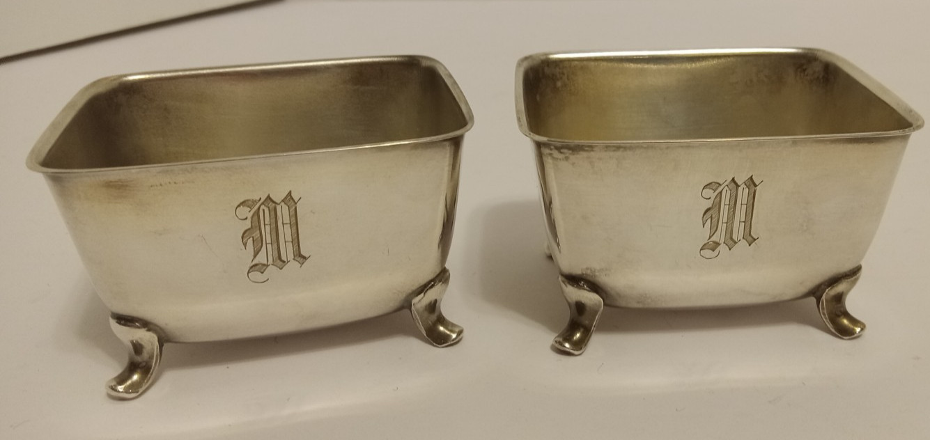 Pair Antique Footed SIlverplate NUT CUPS Monogram M
