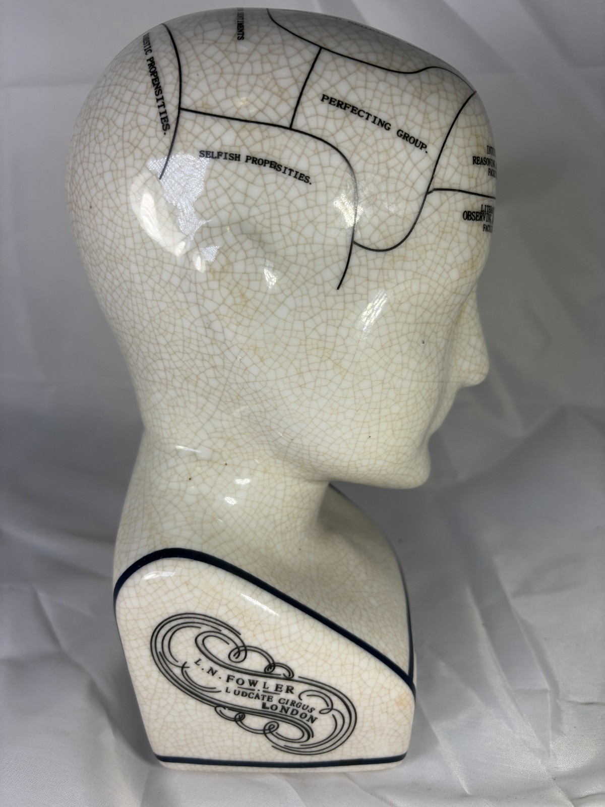 L.N. FOWLER Phrenology Head Bust Porcelain Crackle Science of Psychology 9"