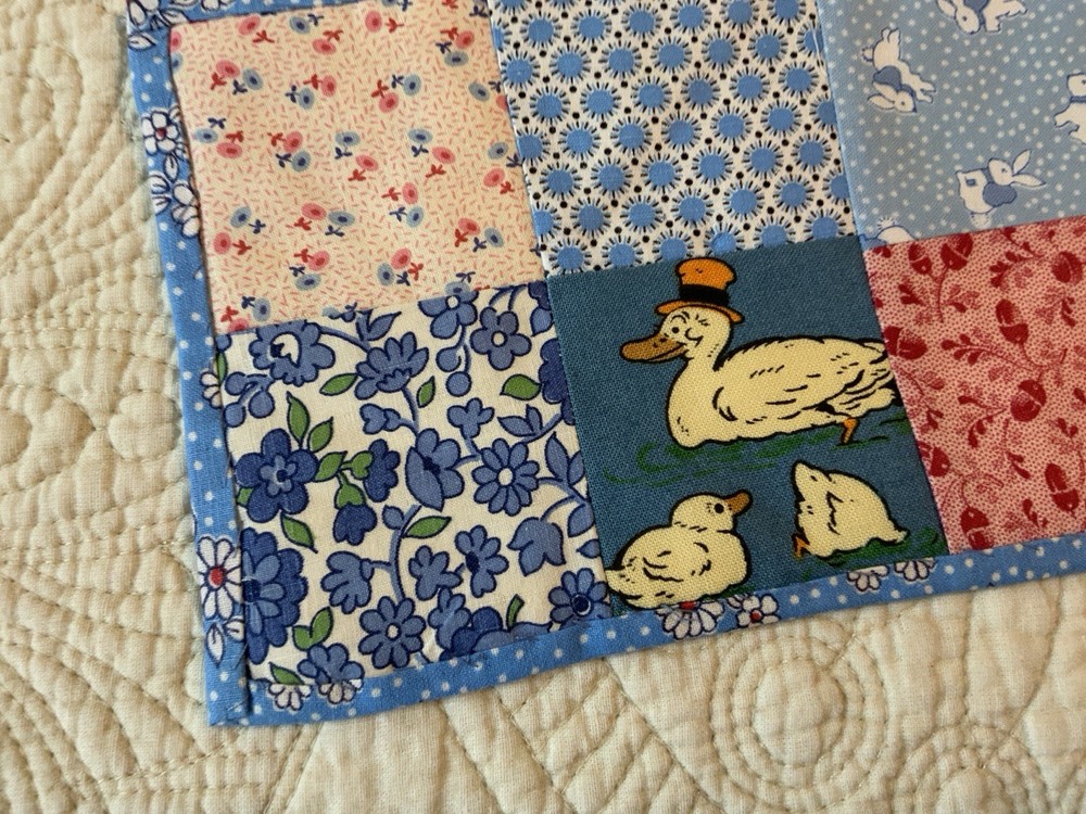 Vintage Patchwork Quilt Small Table Topper, Four Patch, Florals, Calicos