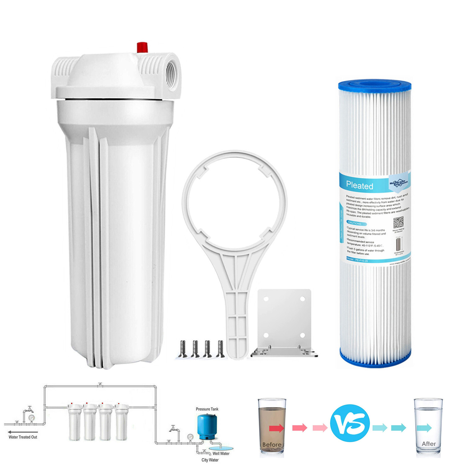 10 Inch Whole House Water Filter Housing Filtration 2.5x10" Pleated Sediment Set