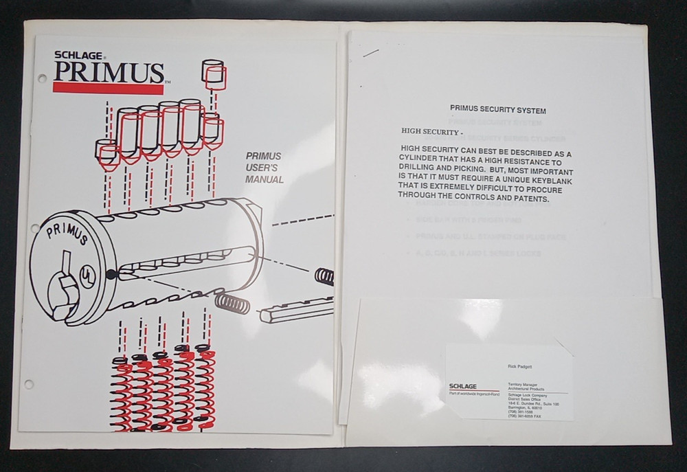 Schlage Primus Lock Users Manual Sales? Folder +