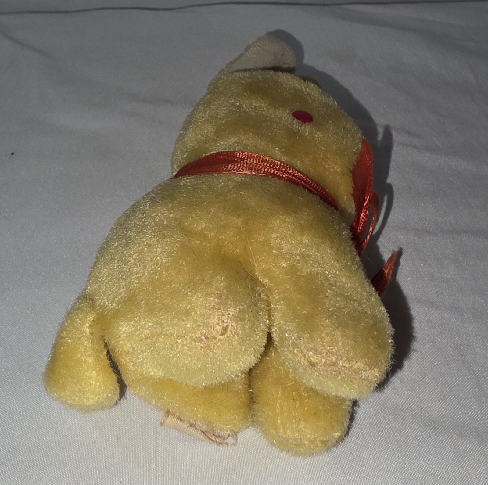 Vintage Small Yellow Stuffed Rabbit Plush with Glass Eyes and Red Ribbon Bow