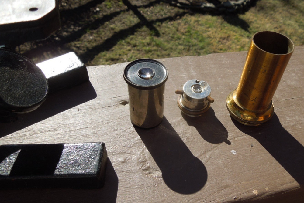 Antique Cast Iron Microscope Germany Brass Black Microskope w/ Case