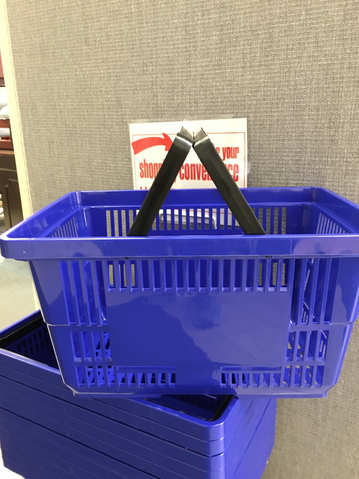 SHOPPING BASKETS "JUMBO SIZE" SET OF 12 WITH STAND/SIGN BLUE