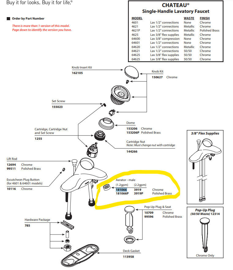 Moen 181066 Aerator male 1.2gpm Chrome For CHATEAU Lavatory Faucet 4601 4621