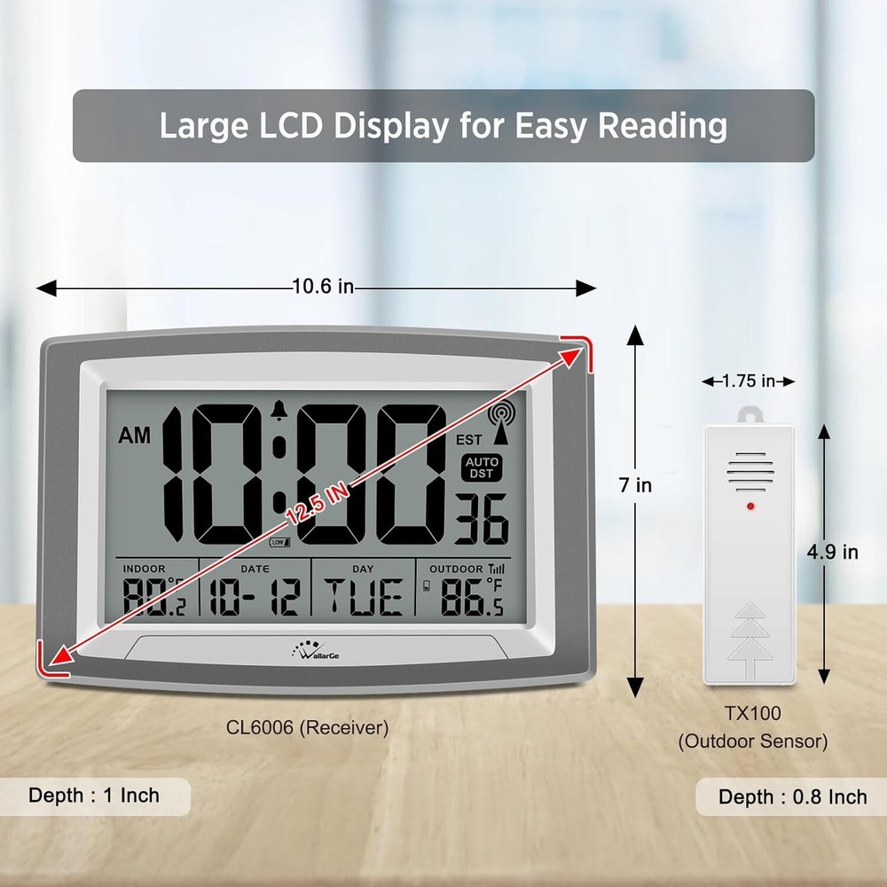 Atomic Clock with Indoor Outdoor Temperature, Self-Setting Digital Wall Clock
