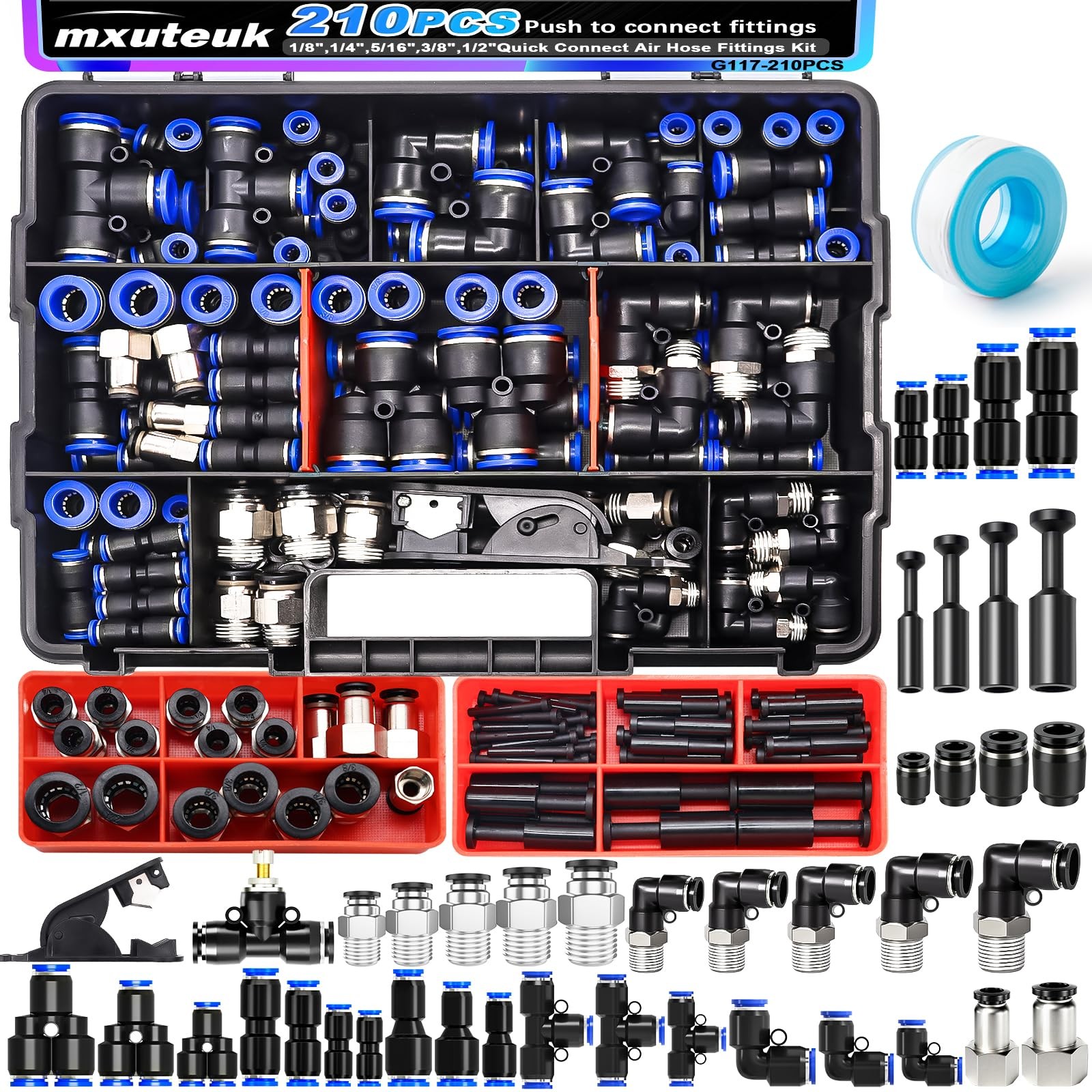 mxuteuk 210PCS Air Line Push-to-Connect Fittings Kit 1/8"-1/2" 4-10mm Blue