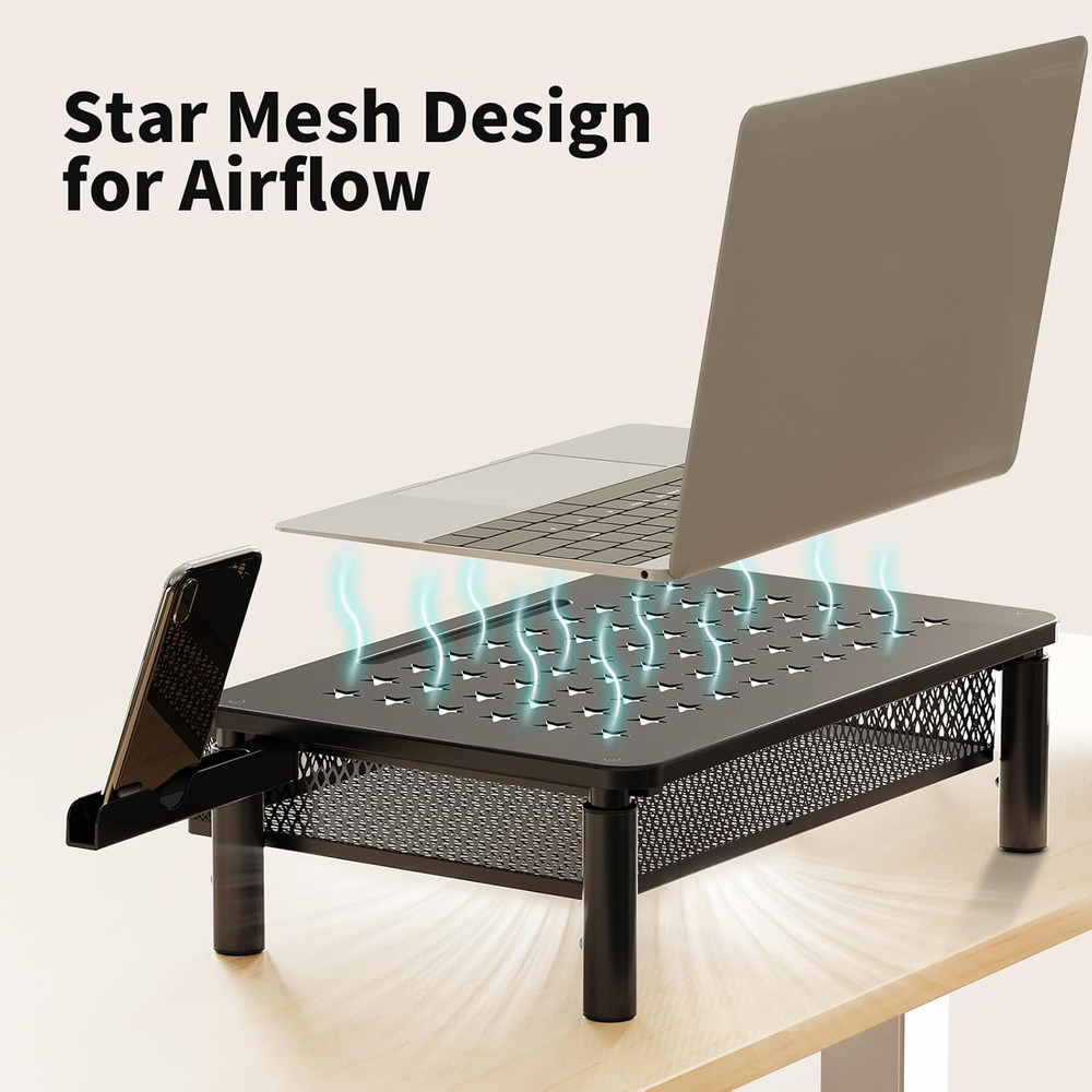 Monitor Stand Riser with Metal Mesh Drawer, Height Adjustable with Phone Hold...