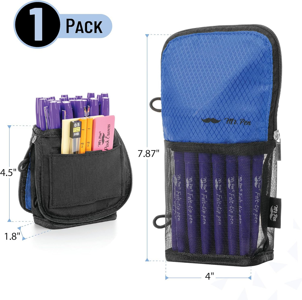 - Standing Pencil Case Pouch, Sit & Lay Mesh-View Design, Black & Blue, Inter...