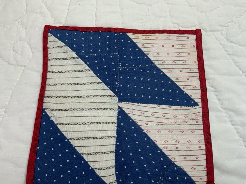 Vintage Antique Patchwork Quilt Table Topper, Triangles, Blue, White