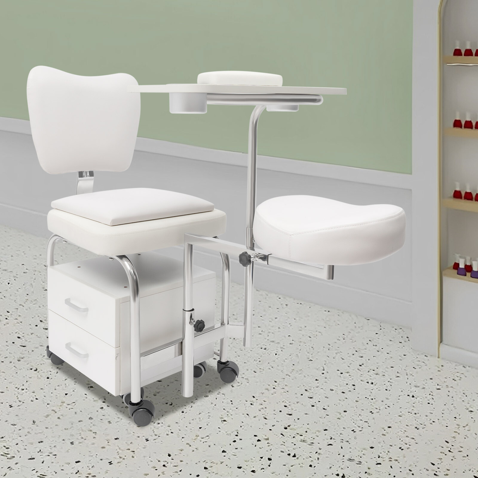 Manicure Pedicure Chair Nail Table Trolley, Adjustable Nail Desk Workstation