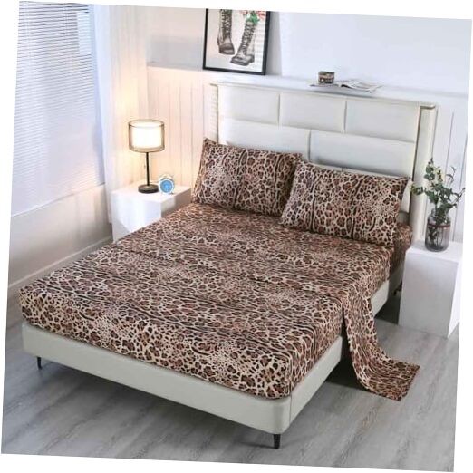 4PCS Bedding Sheets Size Print Sheet Set Included 1 Fitted Sheet Queen Leopard