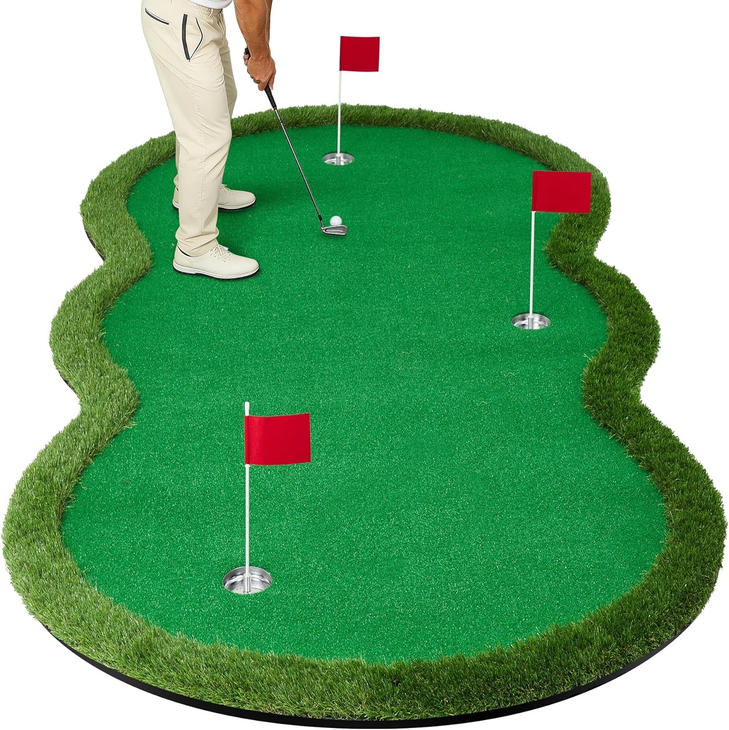 5x10 FT Golf Putting Green Indoor Outdoor, Dual-Turf Mat with 3 Holes & Flags