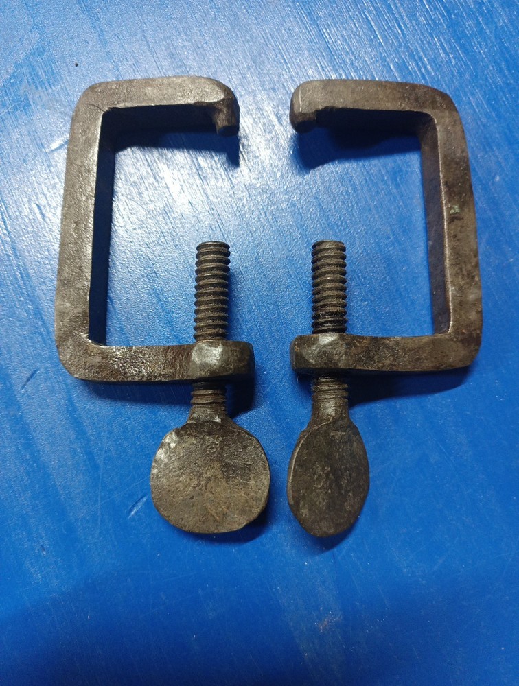 2 Primitive Hand Forged Blacksmith C Clamps