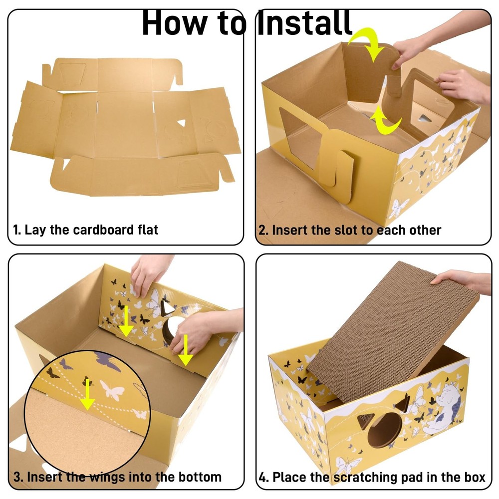 2 Pack Cardboard Cat Scratcher Box, Butterfly Pattern Cat Hideaway House with...