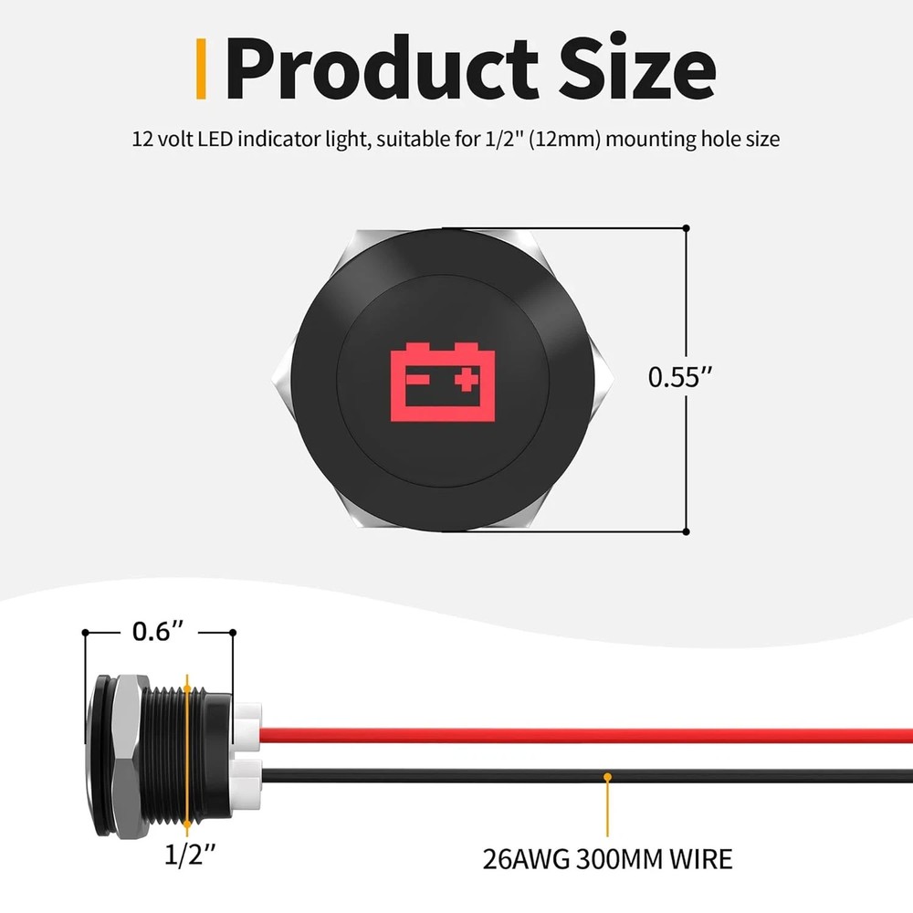 12V LED Indicator Light Small Indicator Light Waterproof 1/2" Panel Cutout 12 Vo