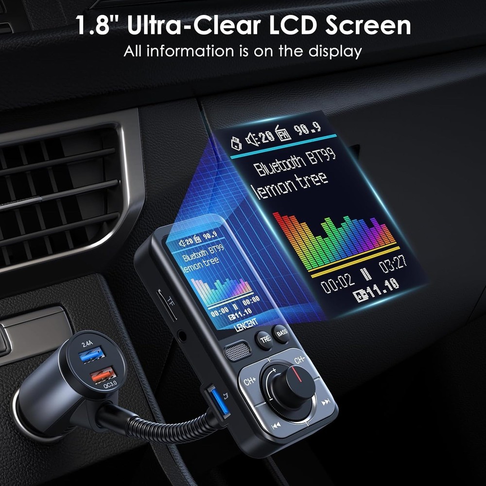 Bluetooth 5.0 FM Transmitter with 1.8'' LCD - Fast Charging & Hands-Free Calling
