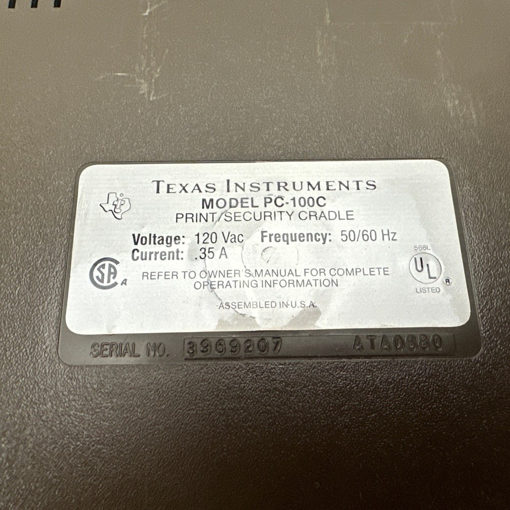 Texas Instruments PC-100C Thermal Print Security Cradle - UNTESTED Rare Vintage