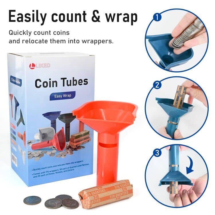 175 Assorted Flat Striped Coin Wrappers & 5 Coin Sorters Tubes Color-CodedEas...