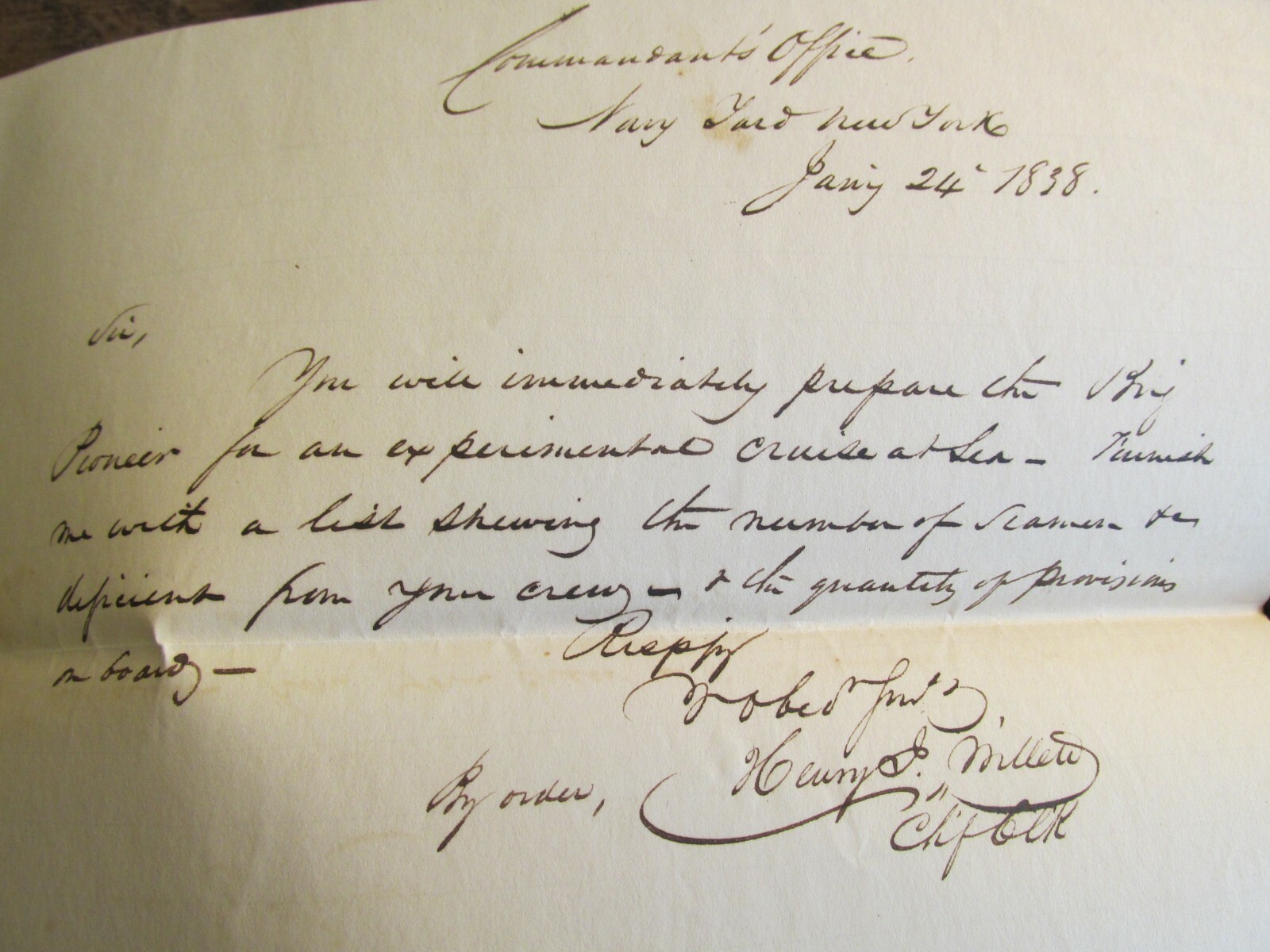 Antique Ephemera 1838 US Navy Yard NY Letter Document US Brig Pioneer Sea Cruise