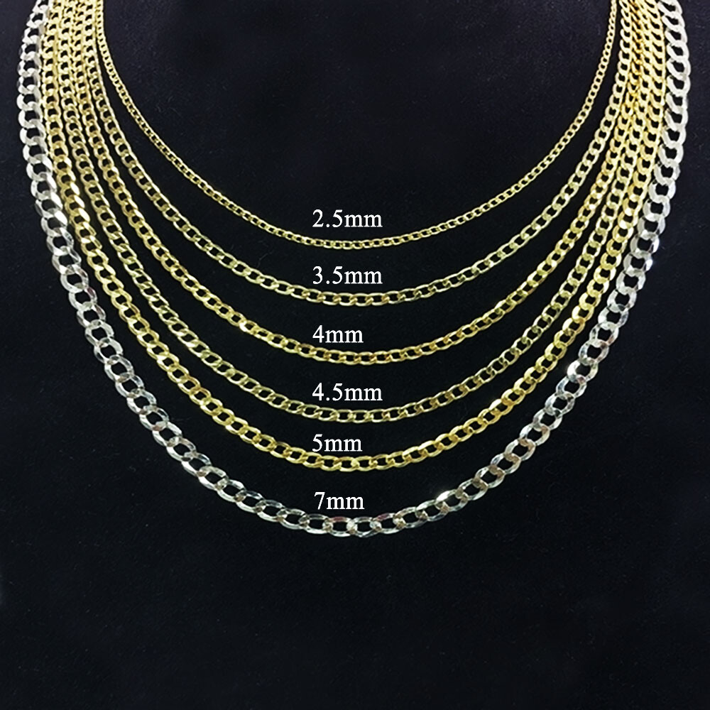 14K Real Solid Gold 2.5mm-7mm Cuban Curb Chain Necklace with Lobster Claw Clasp