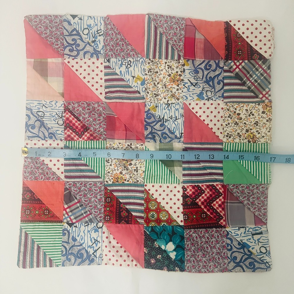 Handmade Quilted Pillow Cover Diagonal Square Quilt Patchwork Pattern 17" x 17”