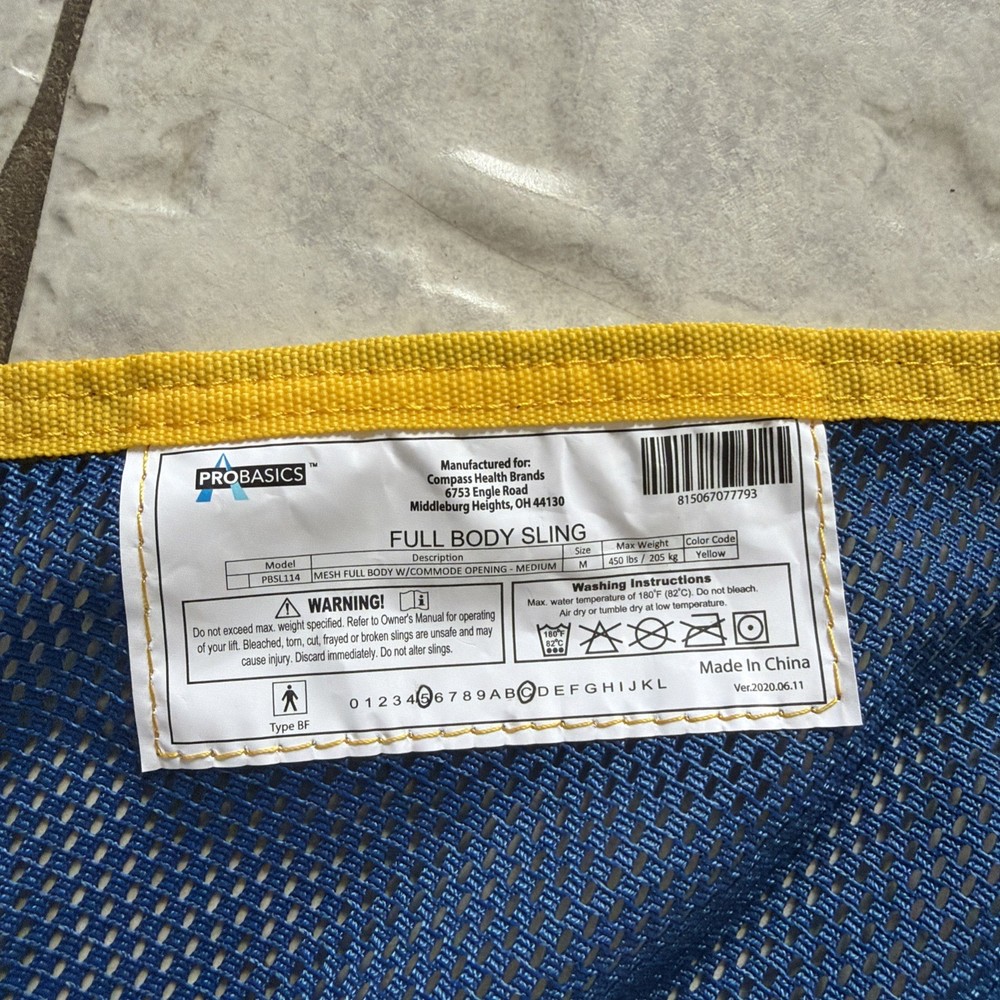 Compass Health ProBasics Full Body Sling With Commode Opening Mesh, Medium EUC